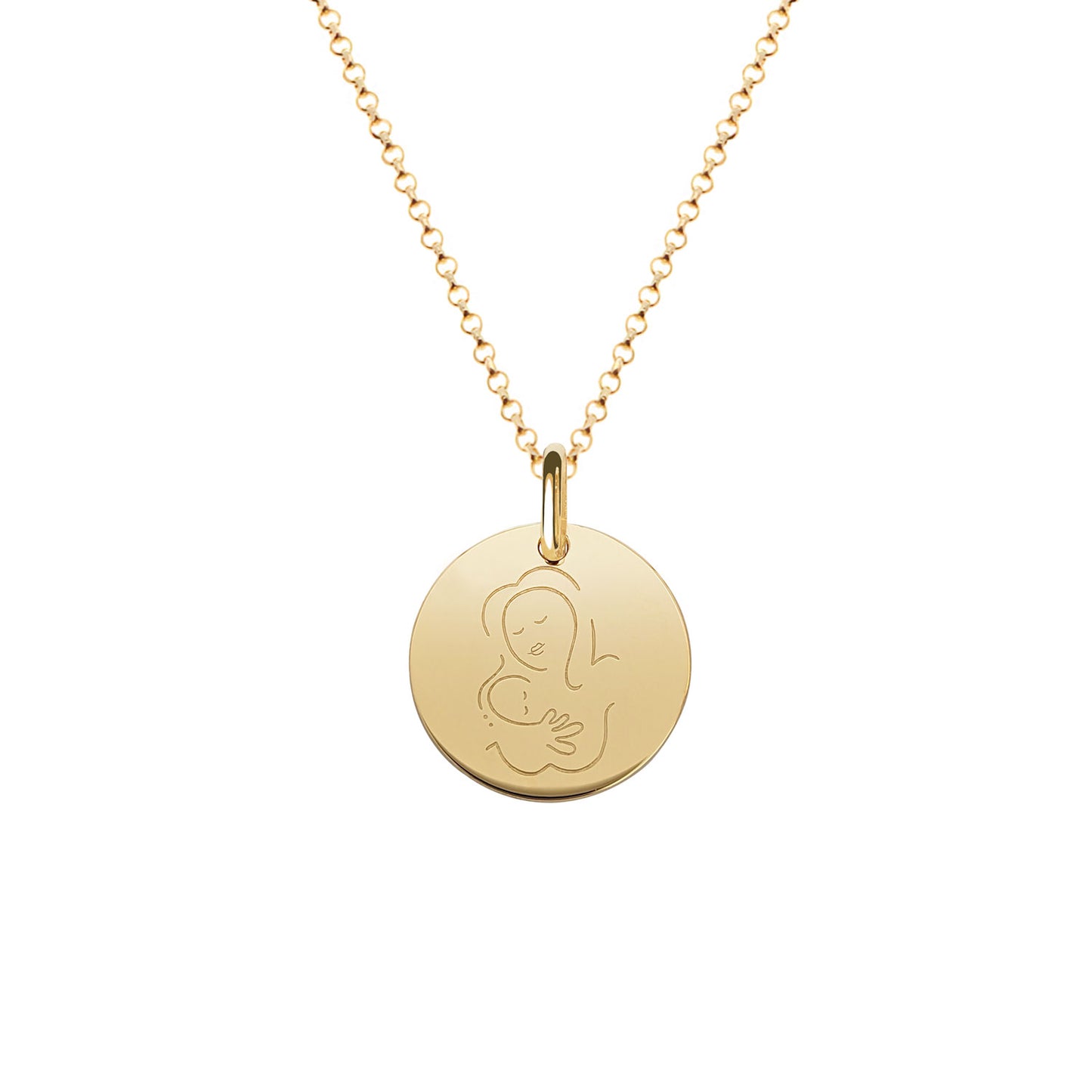 Muze 18k gold Vermeil Medal child necklace, art inspired jewelry symbol of love, protection, tenderness and motherhood. A meaningful and sentimental gift perfect for mother, newly born or godchild