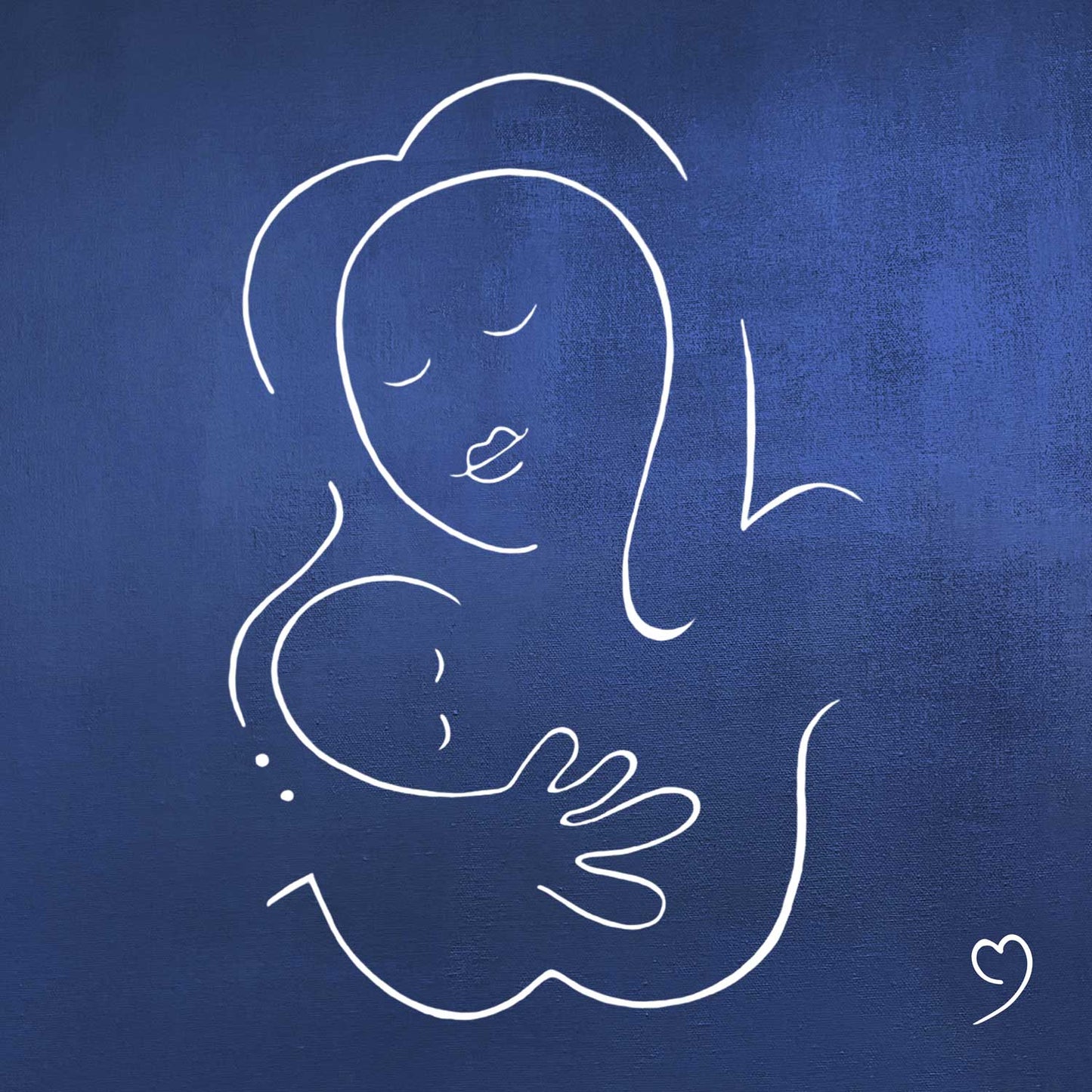 Muze abstract child print on blue canvas from original artwork representing love, protection, motherhood. A meaningful art print, this contemporary picture for home interiors brings good vibes and harmony. Inspired by love, made for sharing it.
