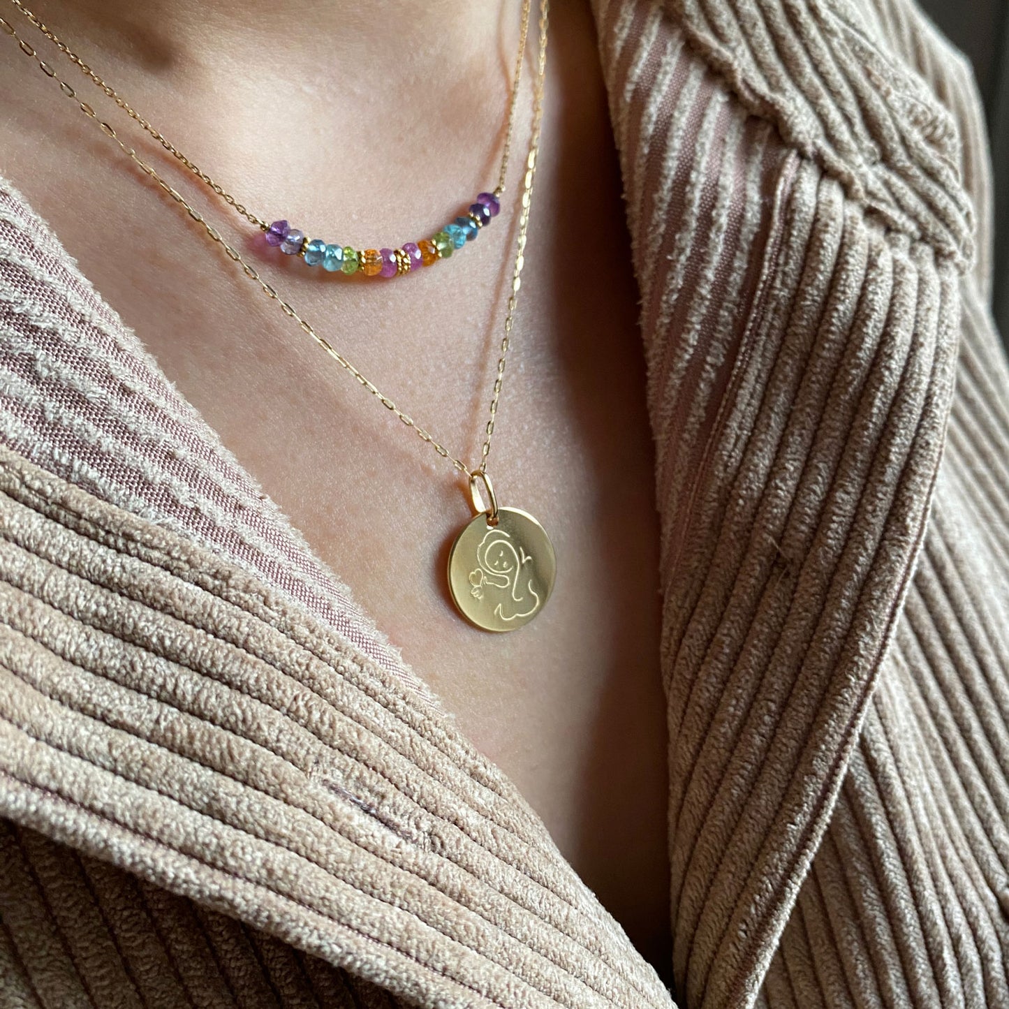 Muze 18k gold vermeil love medal and rainbow necklace, art inspired jewelry, dainty talisman symbol of love, protection. Meaningful sentimental gift perfect for mother, daughter or girlfriend.
