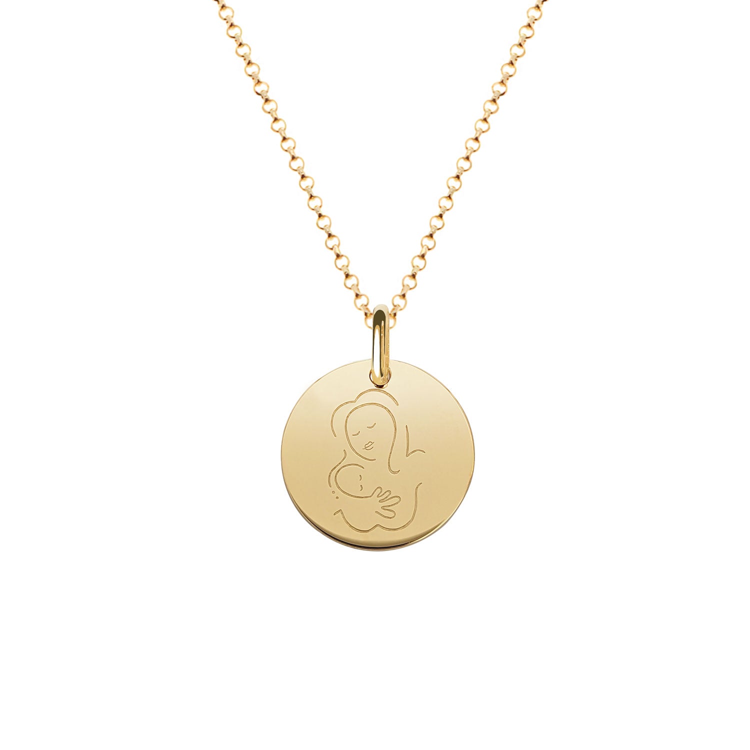 Muze 18k gold Vermeil Medal child necklace, art inspired jewelry symbol of love, protection, tenderness and motherhood. A meaningful and sentimental gift perfect for mother, newly born or godchild