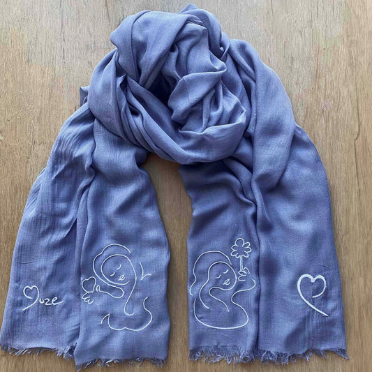 Muze blue lightweight scarf in modal and silk with embroidery of peace, love, heart and Muze logo drawings