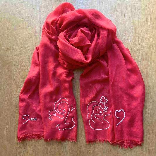 Muze red lightweight scarf in modal and silk with embroidery of peace, love, heart and Muze logo drawings