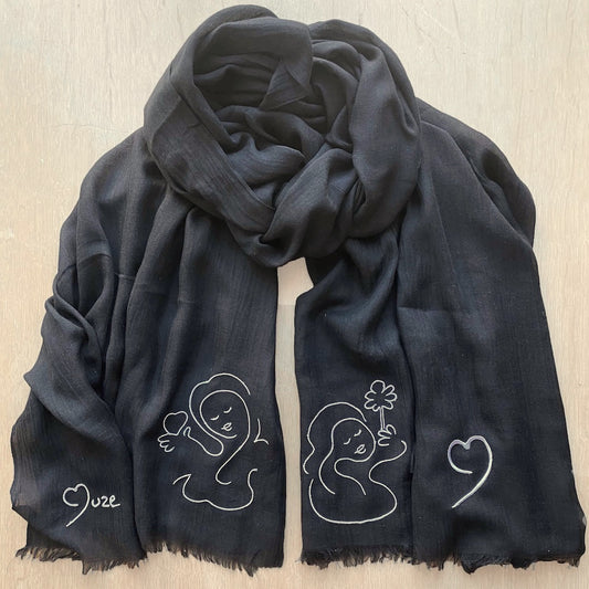 Muze black lightweight scarf in modal and silk with embroidery of peace, love, heart and Muze logo drawings