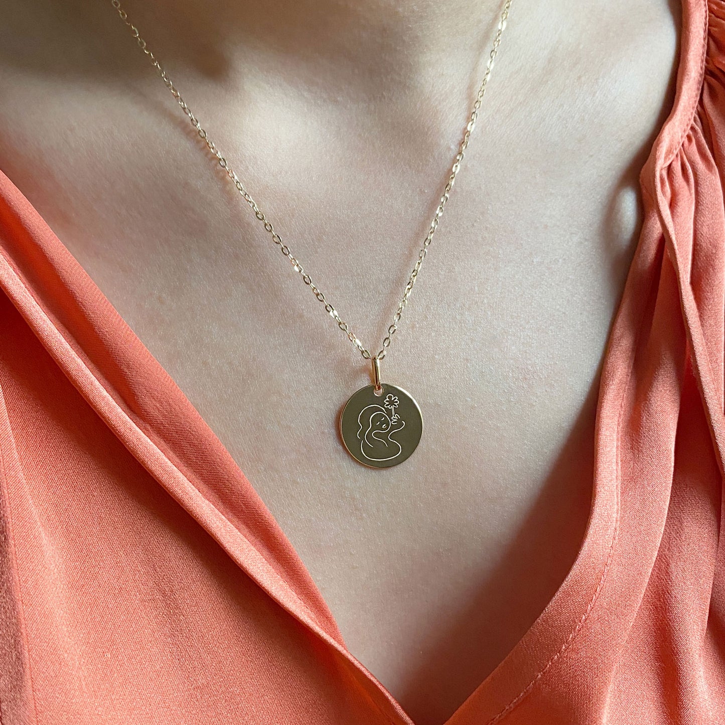 Muze 18k gold vermeil peace medal necklace, art inspired jewelry, dainty talisman symbol of protection, peace and serenity.Meaningful sentimental gift perfect for wife girlfriend or as friendship present.